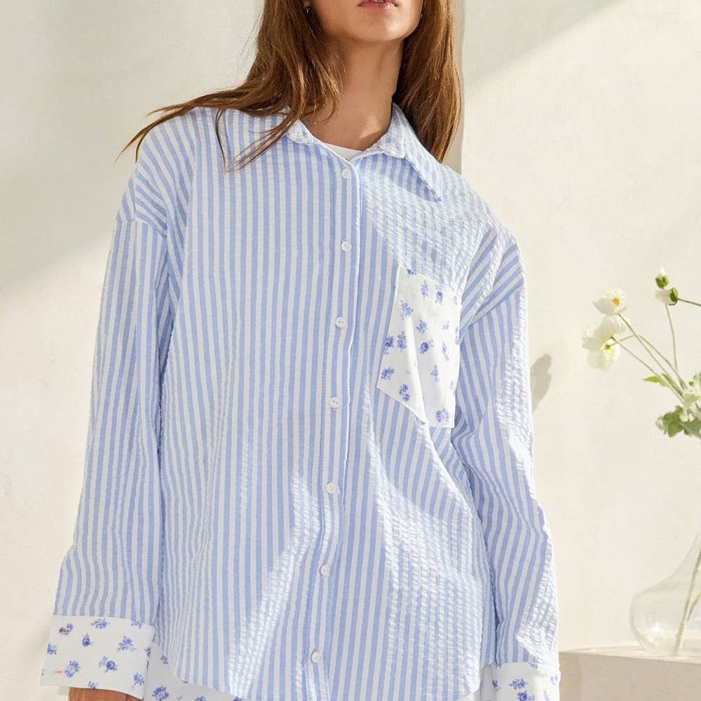 New Blue and White Striped Button-Up Shirt